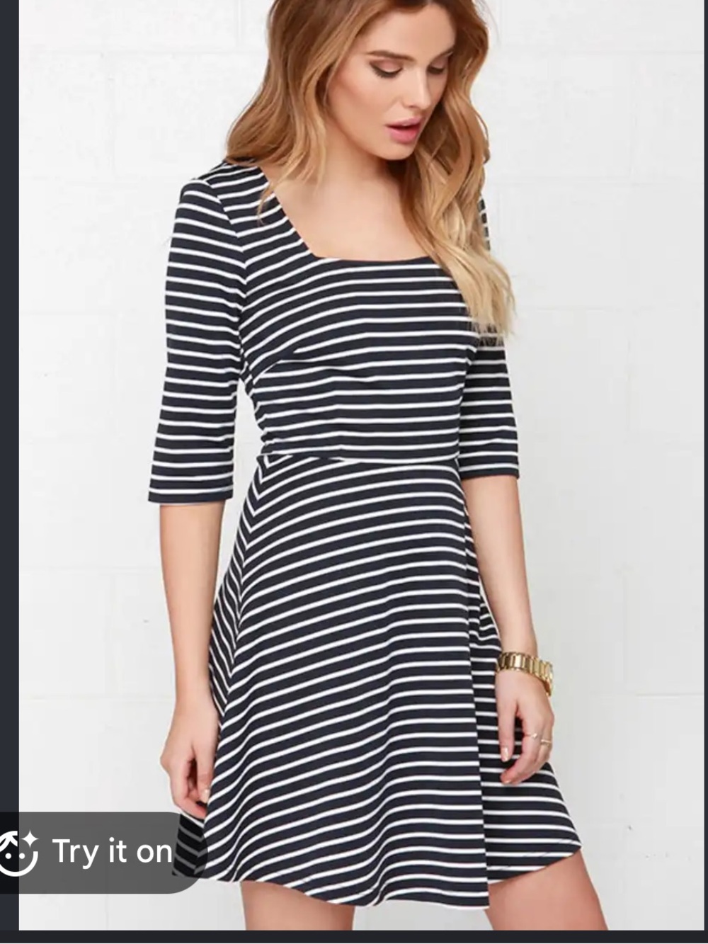Gilli Dress - navy/white stripe fit and flare 3/4 sleeves